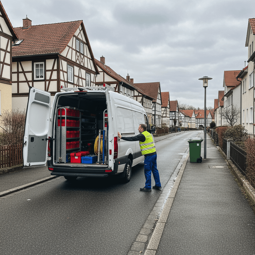 Servicefahrzeug in einer Wohnsiedlung mit Techniker der Ausrüstung prüft