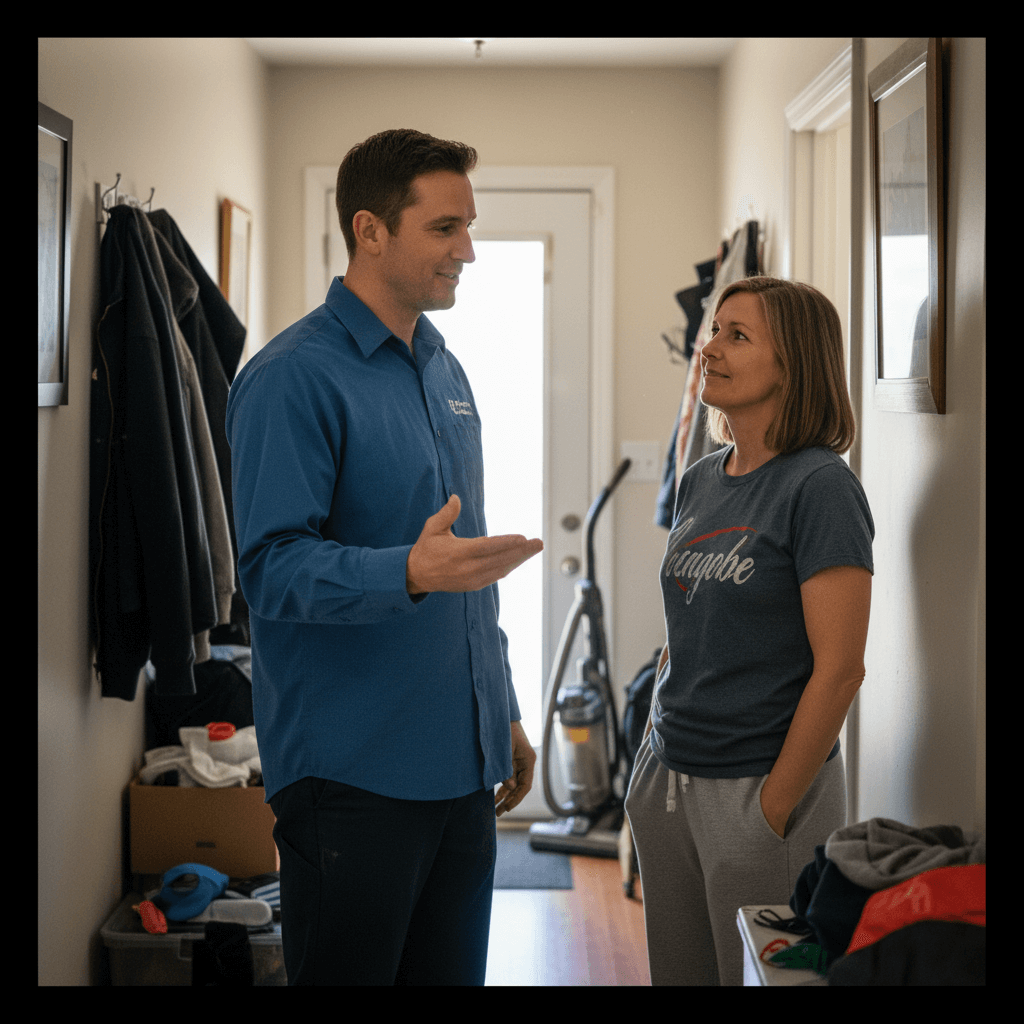 Freundlicher Techniker erklärt einem Kunden die Vorgehensweise, Kammerjäger im Einsatz