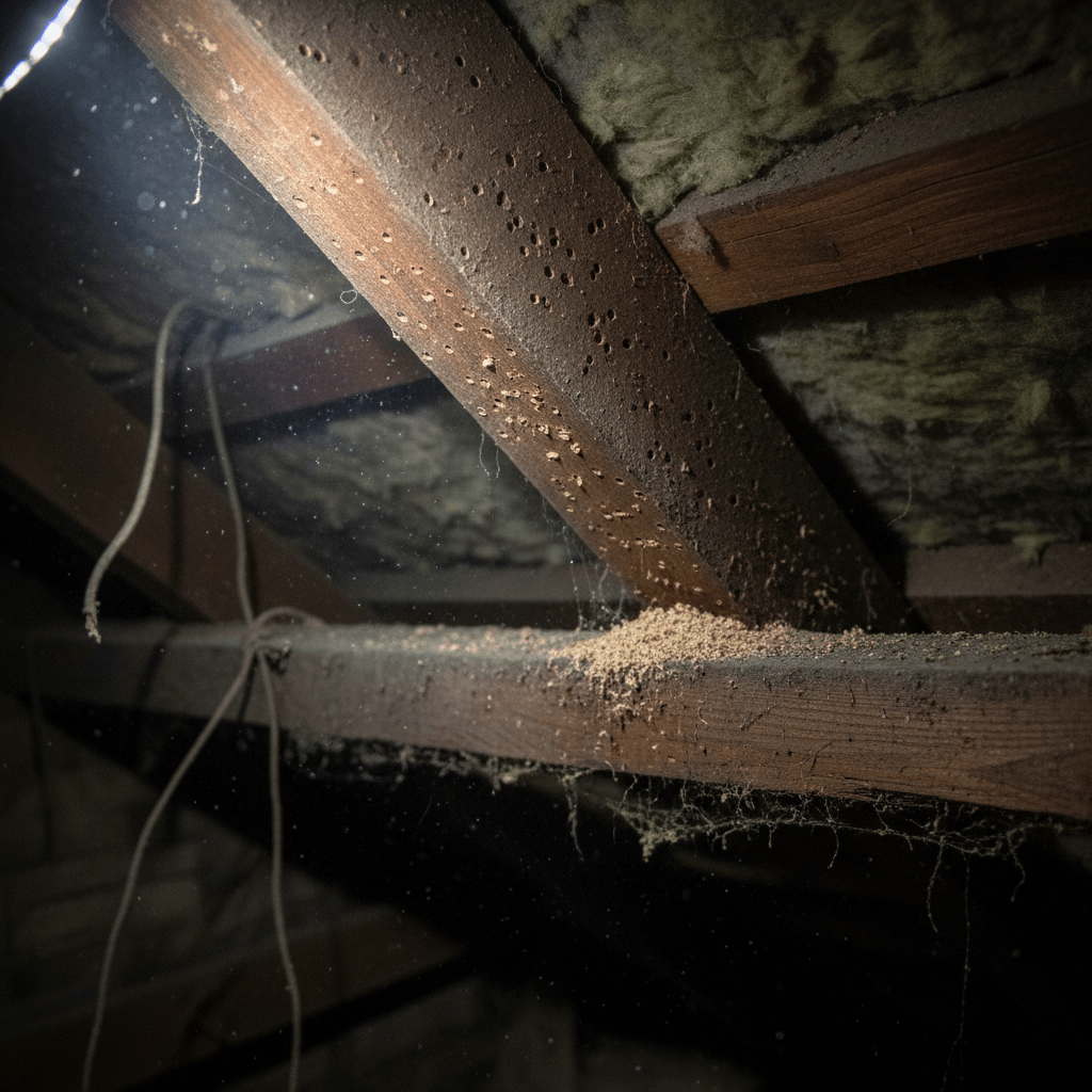 Holzbalken mit Fraßspuren im Dachstuhl