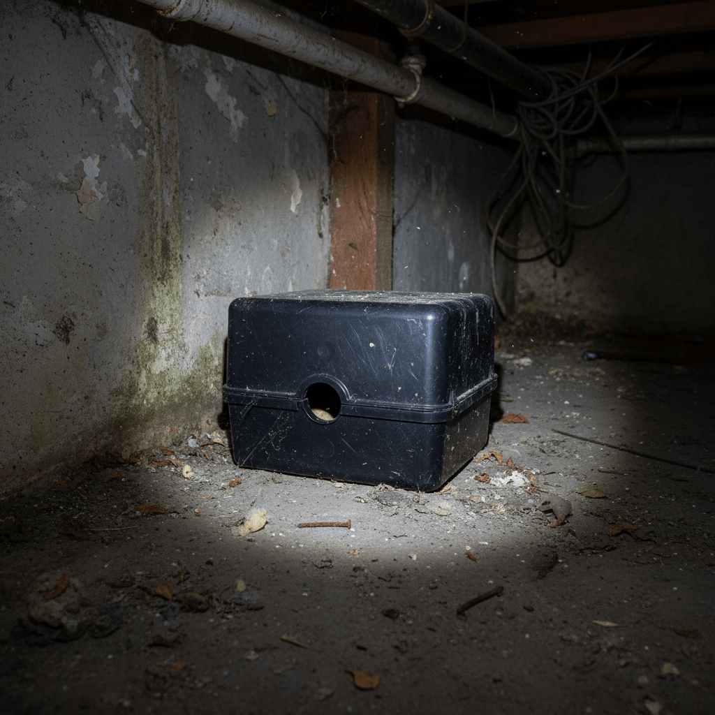 Mäusefalle und Köderbox in einer Kellerecke